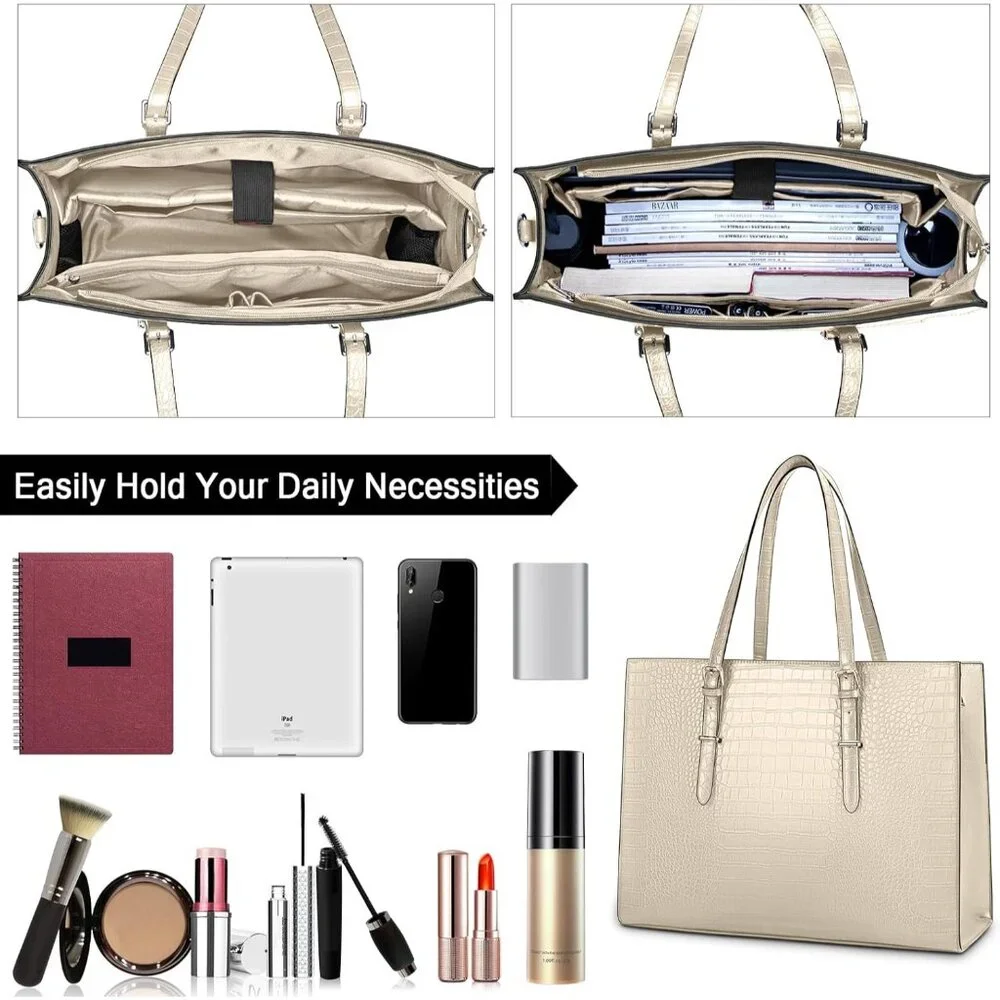 〽️Women Beige Leather Waterproof Professional Shoulder Bag 15.6 Inch Laptop Bag